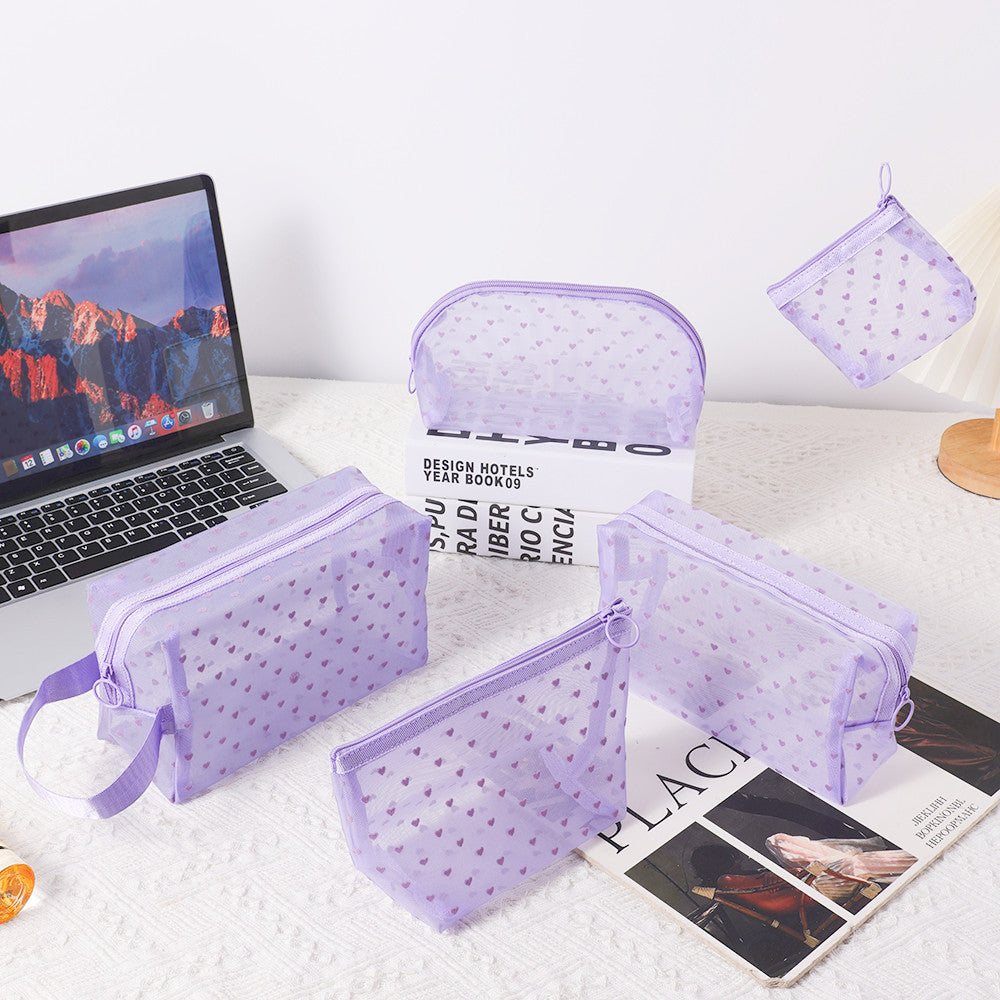 Taro Purple Flocked Heart Mesh Cosmetic Bag