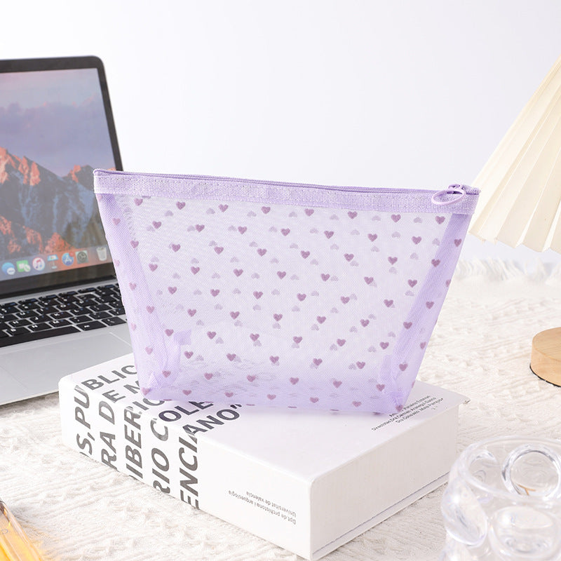 Taro Purple Flocked Heart Mesh Cosmetic Bag