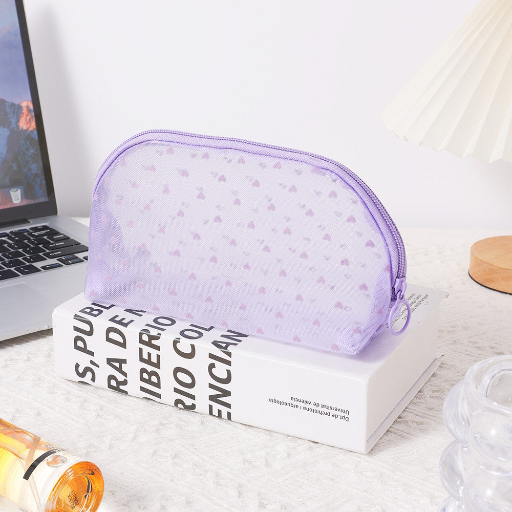 Taro Purple Flocked Heart Mesh Cosmetic Bag