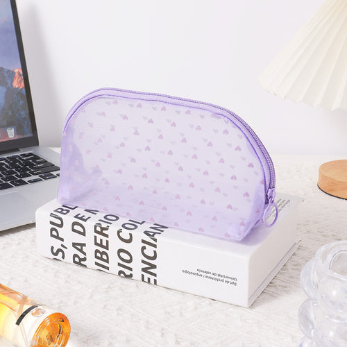 Taro Purple Flocked Heart Mesh Cosmetic Bag